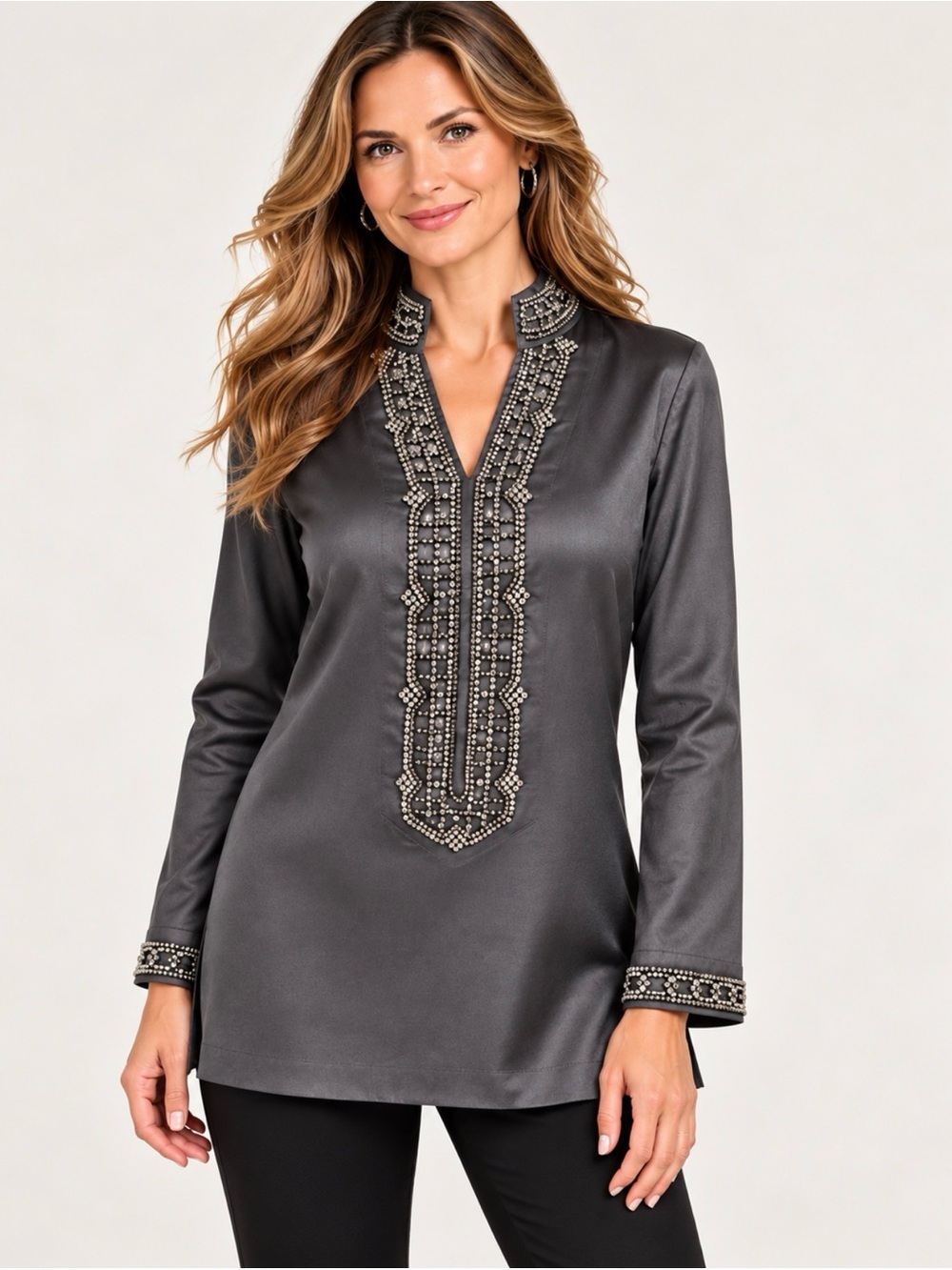 Soft Surroundings Beaded Charcoal Tunic Top